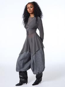 COUREZ Twisted Front Mesh Mini Layering Dress / Y2K Clothes Mini Dresses For Women Cute Tops Grey Top Streatwear Flowy Tops Fall Clothes Winter Outfuts - Dark Grey - View 1