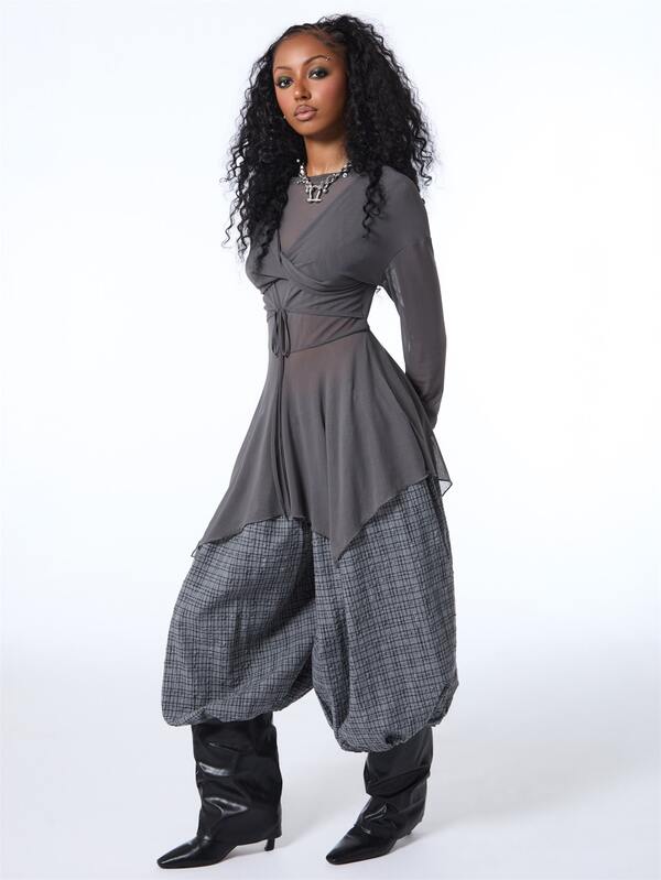 COUREZ Twisted Front Mesh Mini Layering Dress / Y2K Clothes Mini Dresses For Women Cute Tops Grey Top Streatwear Flowy Tops Fall Clothes Winter Outfuts