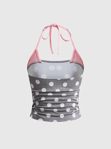 ROMWE Pink And White Polka Dot Print Ruched Halter Top Vacation Cute Y2k - Grey - View 2
