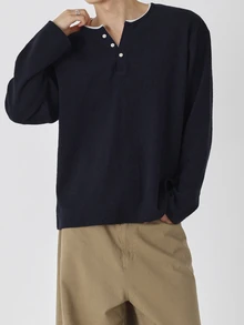 DAZY Men Contrast Trim Half Button Tee Fall - Navy Blue - View 2