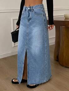 Livesso Split Thigh Denim Skirt Fall - Light Wash - View 1