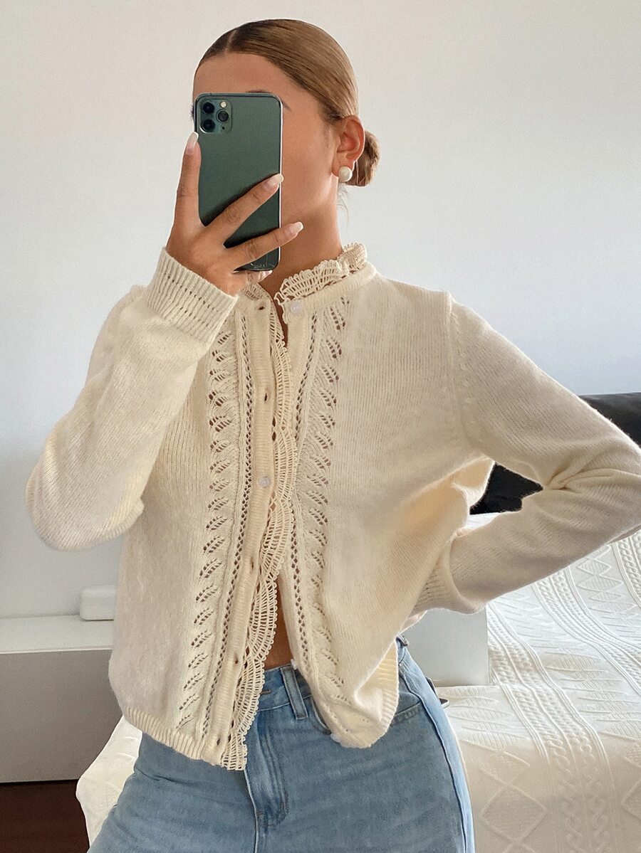 DAZY Pointelle Knit Button Front Cardigan Fall - Apricot - View 1