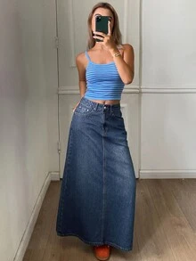 DAZY Solid Slant Pocket Denim Skirt Vacation - Blue - View 2