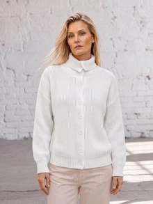 Faunlyn Cardigan Model Bahu Jatuh dengan Kancing Depan, Pakaian Musim Gugur untuk Wanita, Busana Musim Dingin untuk Wanita, Sweater Musim Gugur dan Musim Dingin untuk Wanita - Putih - View 3