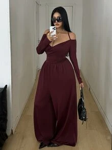 POPSWAY Plus Solid Halter Neck Wide Leg Jumpsuit Fall - Burgundy - View 6