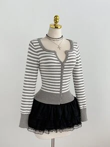 Elamini Grey Plaid Pattern Button Front Cardigan School Autumn French Preppy - Grey - View 3