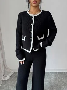 Elenzga Contrast Trim Button Front Cardigan & Knit Pants - Multicolor - View 4