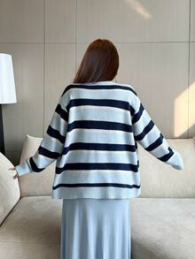 Vibekara Plus Size Contrast Striped Drop Shoulder Cardigan Winter - Multicolor - View 3