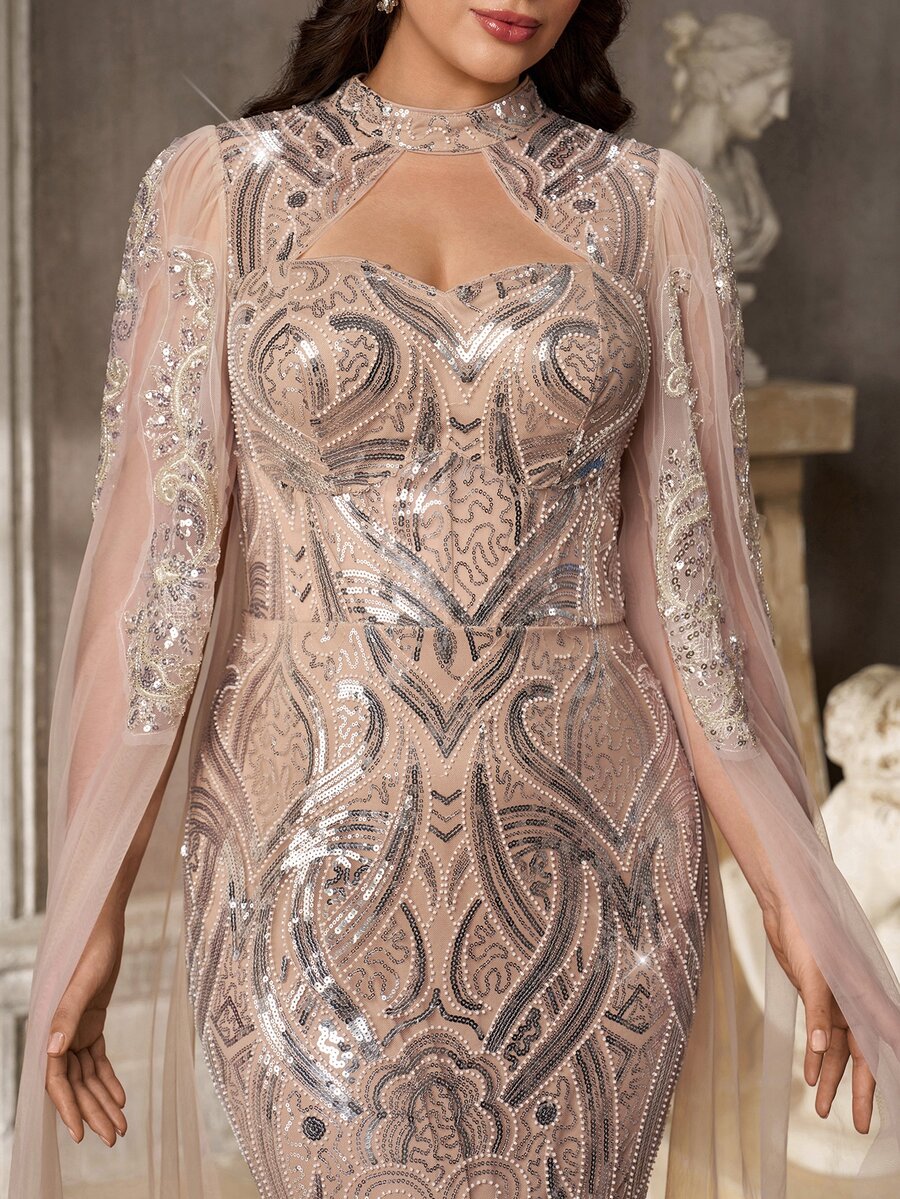 Aureia Plus Contrast Sequin Mesh Formal Dress With Cape - Apricot - View 1