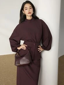 Heiryn Mock Neck Lantern Sleeve Top & Peplum Pencil Skirt Set - Burgundy - View 5