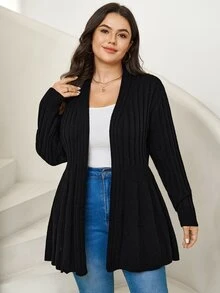Comfylo Cardigan de talla grande de color sólido con frente abierto - Negro - Ver 1