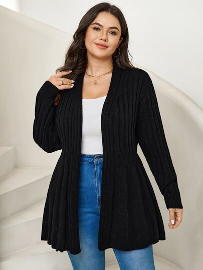 Comfylo Plus Solid Open Front Cardigan Office Work Black Autumn Normal Traditional Winter