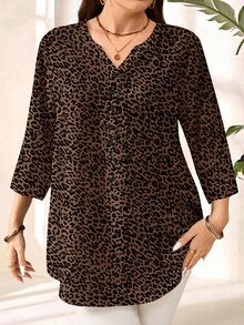 EMERY ROSE Blusa de talla grande con estampado de leopardo y mangas con solapa enrollable - Multicolor - Ver 4