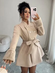 Elenzga Patchwork Faux‑Fur With Side Pockets  Belted Overcoat Office Beige Autumn Elegantrueu - Khaki - View 7