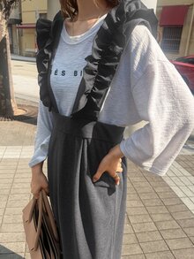 FRIFUL Solid Ruffle Trim Overall Dress Without Tee Brunch Dark Green Autumn French Elegant - Dark Grey - View 2