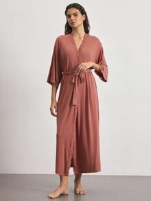 Ocili Lace Trim Belted Lounge Robe - Dusty Pink - View 4
