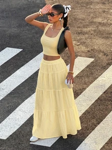 Muchica Falda de color sólido con dobladillo de volantes - amarillo ganso - Ver 5