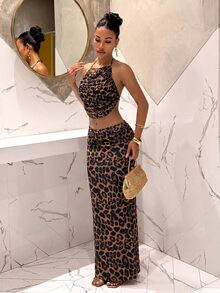 Slaydiva Leopard Print Crop Halter Top & Mermaid Hem Skirt - Multicolor - View 6