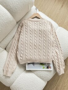 SHEIN Sweater Rajut Kabel Leher V Polos Bahu Jatuh untuk Anak Perempuan Remaja Musim Gugur - Aprikot - View 7