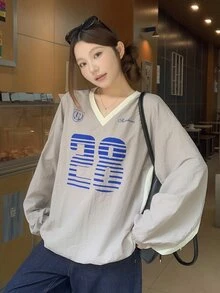 DAZY Sweatshirt Longgar Model Bahu Jatuh dengan Grafis Huruf dan Angka untuk Musim Gugur - Grey - View 4