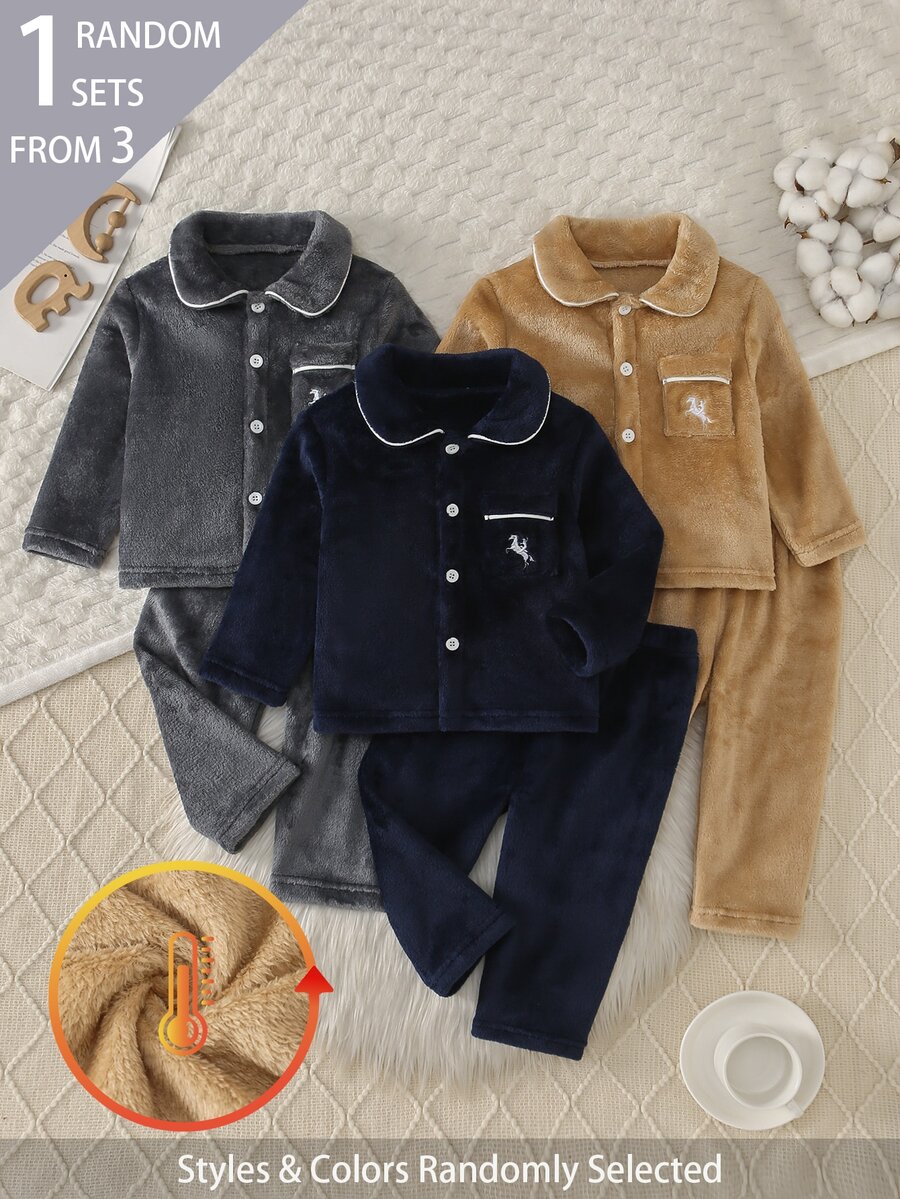 SHEIN Baby Boy Letter Embroidery Contrast Piping Fuzzy Pajamas Set - Multicolor - View 1