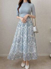 DAZY Set Kaos Leher Tinggi dan Rok Lipit Motif Paisley untuk Musim Gugur - Biru - View 8