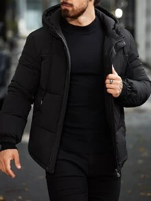 Manfinity Homme Men Zip Up Drawstring Hooded Padded Coat, Puffer - Black - View 4