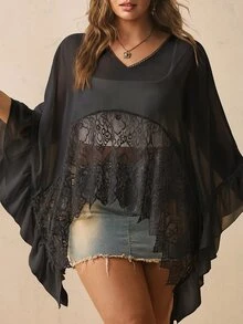 Freevana Plus Contrast Lace Batwing Sleeve Mesh Top Without Bra Fall - Black - View 6