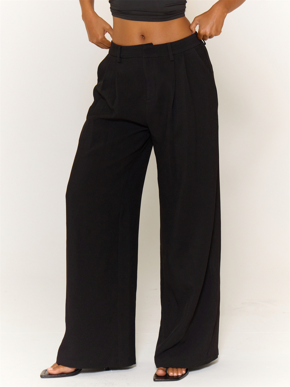 Black Tailored Pleated Front Belt Loops Fitted Waistband Wide Leg Full Length Trousers Bottoms Smart Workwear Office Everyday Essentials