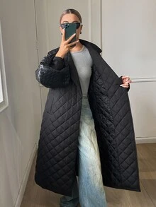 DAZY Lapel Neck Slant Pocket Belted Quilted Coat Jacket - Black - View 6