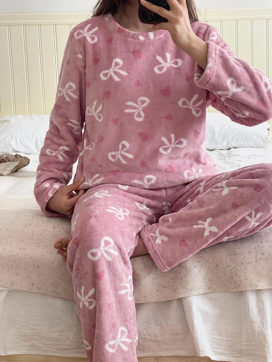 SHEIN Teen Girl Fall Winter Bow Heart Pattern Flannel Pajamas Set - Dusty Pink - View 1