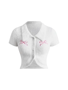 Sweetness Bow Embroidery Button Front Fluffy Knit Top - White - View 1