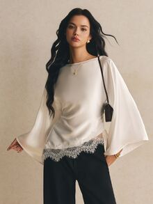 SHEIN Tall CURVE Plus Lace Trim Trumpet Sleeve Satin Blouse Fall - White - View 6