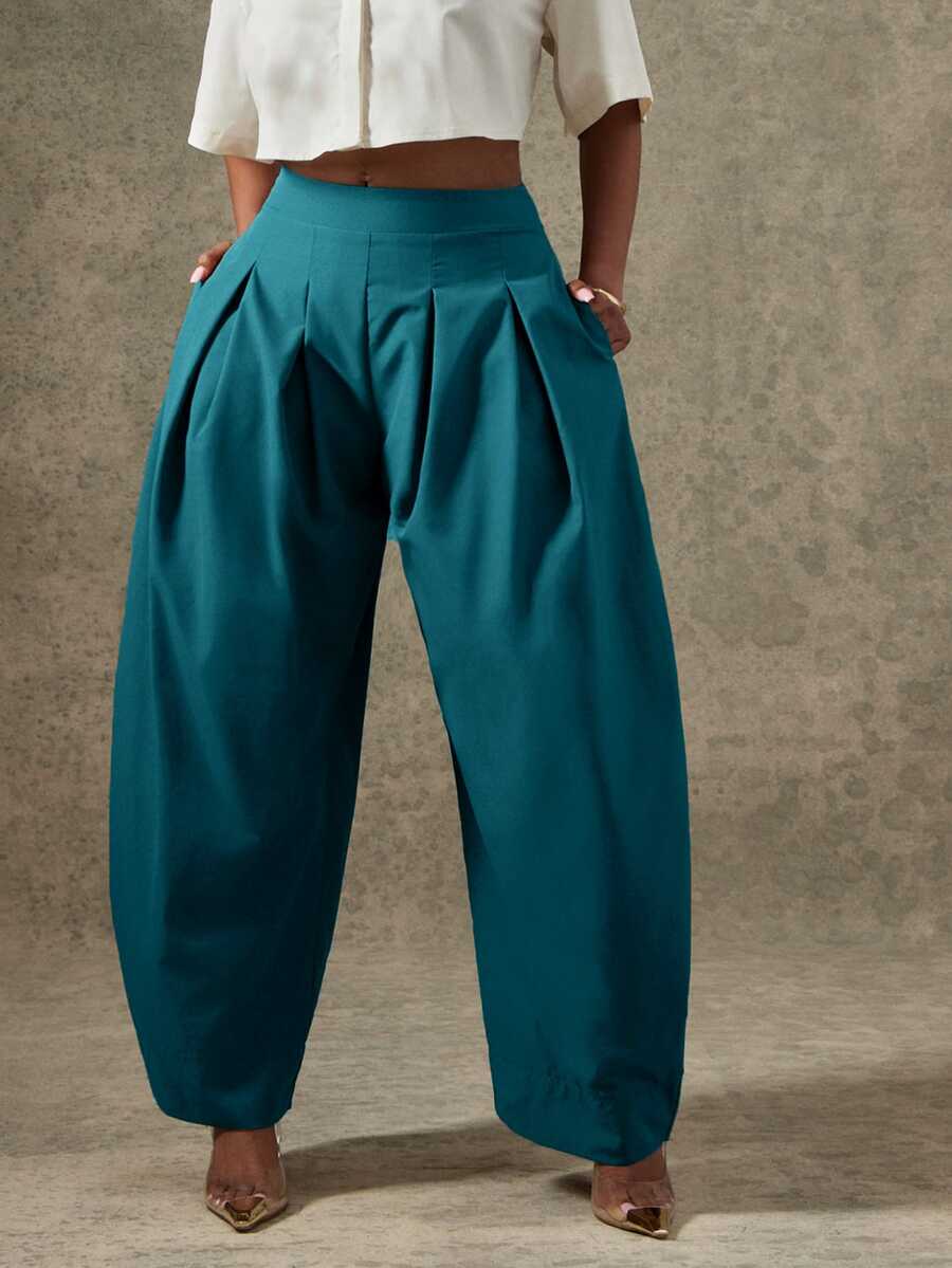 Vixey Solid Slant Pocket Fold Pleated Tapered Pants - Cadet Blue - View 1