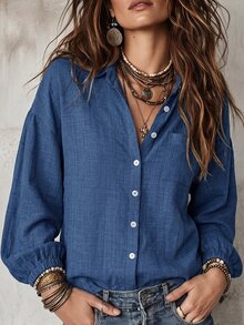 SHEIN Solid Drop Shoulder Lantern Sleeve Shirt - Blue - View 1