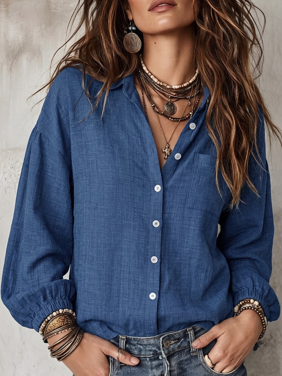 SHEIN Solid Drop Shoulder Lantern Sleeve Shirt - Blue - View 1
