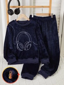 青少年男孩耳機刺繡法蘭絨睡衣套裝 - 藏蓝色 - 查看 3