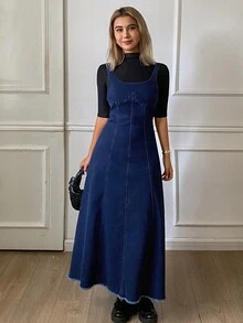 DAZY Gaun Cami Denim dengan Potongan Mentah Tanpa Kaos untuk Liburan - Biru - View 3