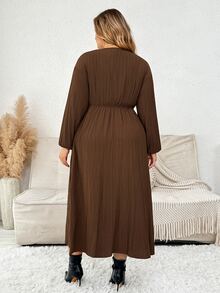 Plussiva 大尺碼孕婦純色前綁帶燈籠袖洋裝 - 棕色 - 查看 2
