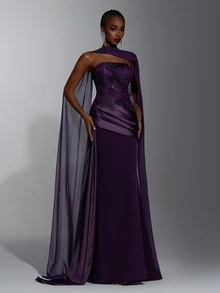 Elitara Floral Jacquard Mesh Panel Formal Dress With Cape - Purple - View 6