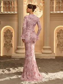 Glamrae Square Neck Flounce Sleeve Sequin Formal Dress - Dusty Pink - View 3