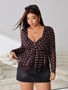 Solflare Plus Polka Dot Print Ruched Front Peplum Tee Fall - Multicolor - View 7