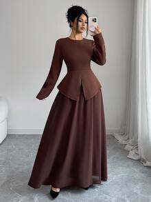 Elenzga Gaun Panjang Polos dengan Kelim Asimetris - Coklat - View 5
