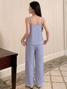 DAZY Ditsy Floral Lace Trim Cami Top & Pants PJ Set - Blue - View 2