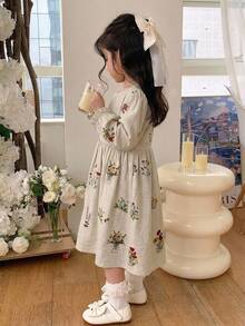 Dazy Kids 女童花卉印花荷葉袖洋裝 - 杏色 - 查看 3