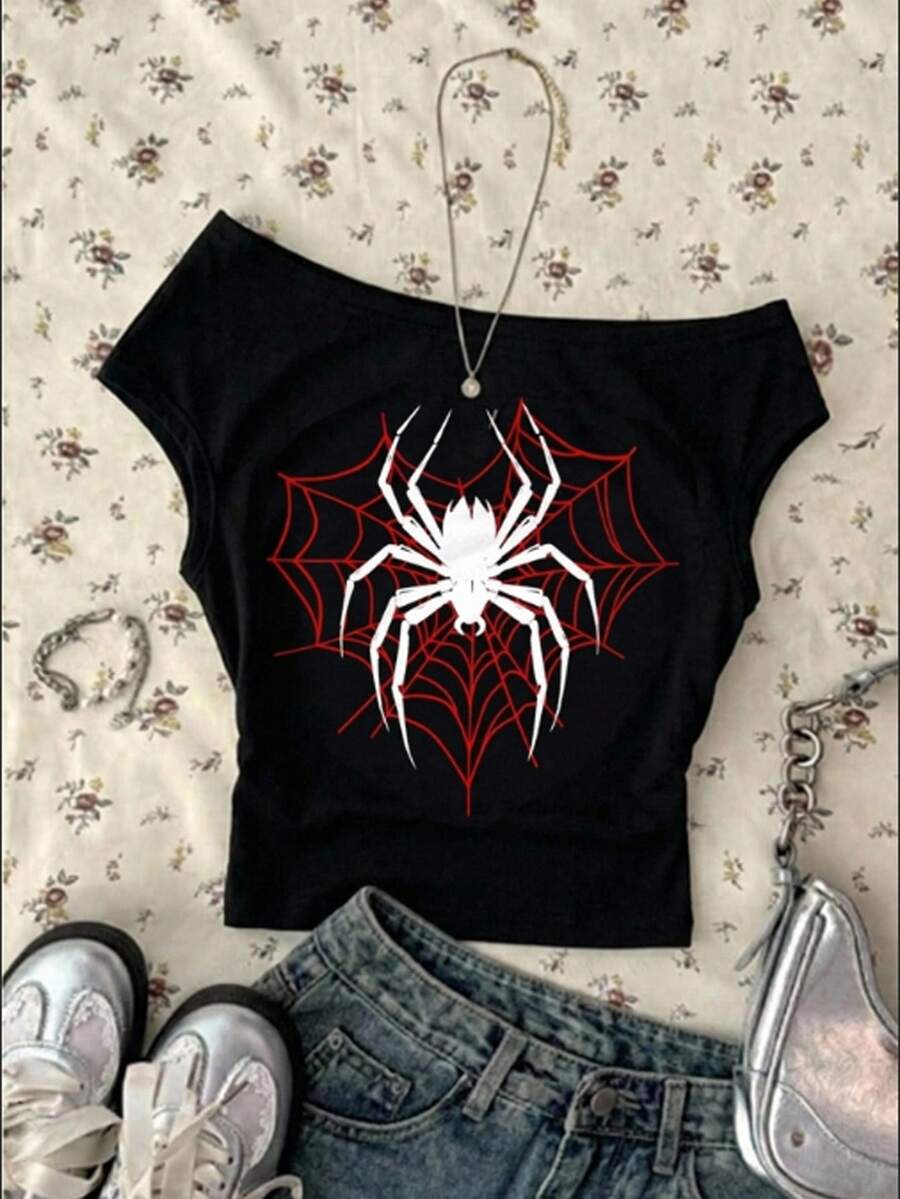Teen Girls Spider Web Print Tee - Multicolor - View 1
