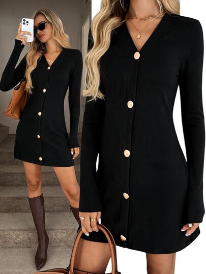 Easowa Solid V-Neck Button Front Short Dress