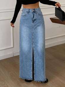 Livesso Split Thigh Denim Skirt Fall - Light Wash - View 7