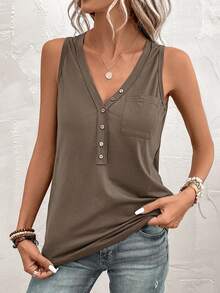 Solivie Half Button Patched Pocket Tank Top - Coffee Brown - View 7