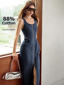 MOTF 拉鍊修身牛仔洋裝 - 深色水洗藍 - 查看 1